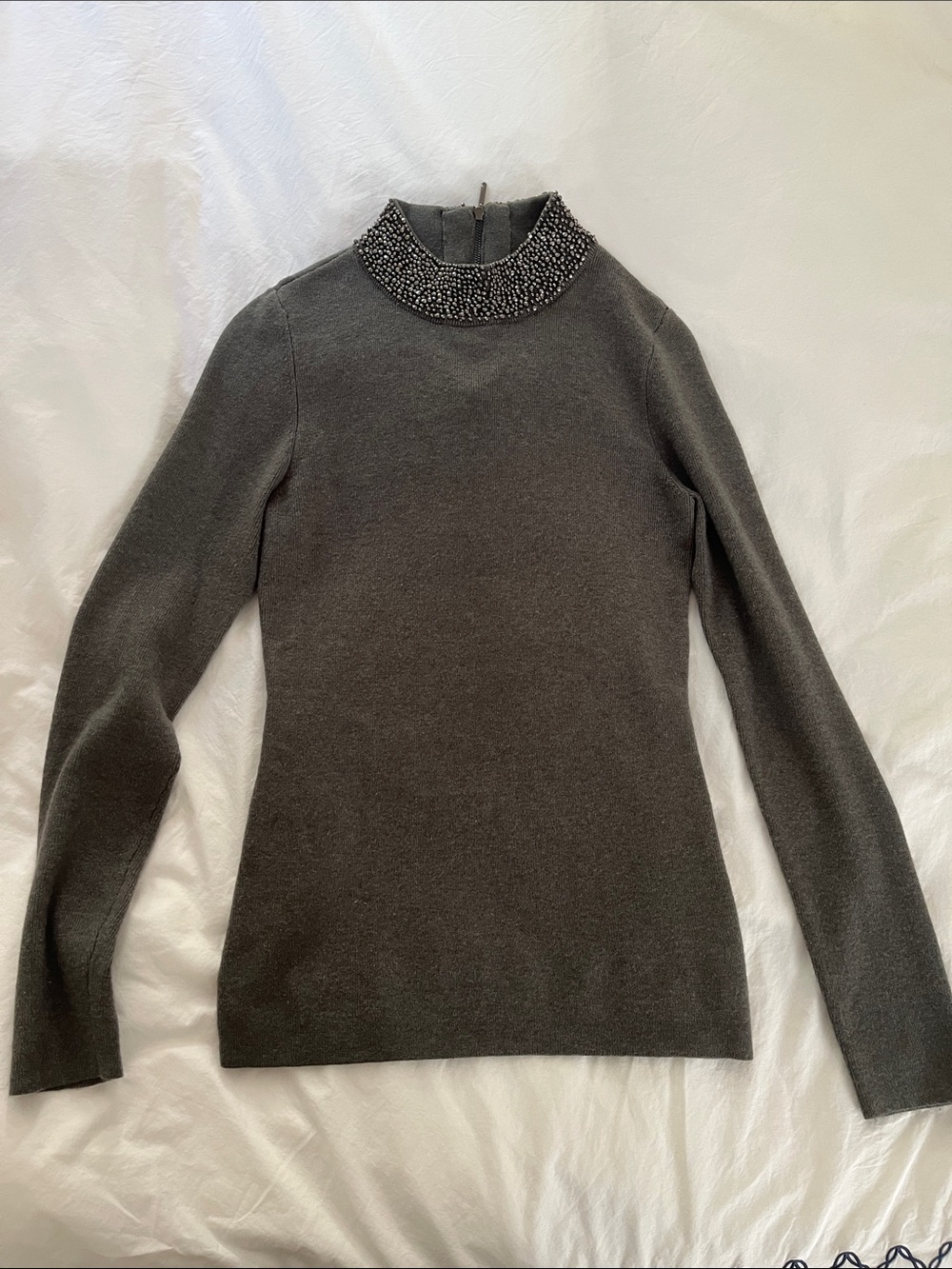 White House Black Market Charcoal Beaded Mock Neck Sweater